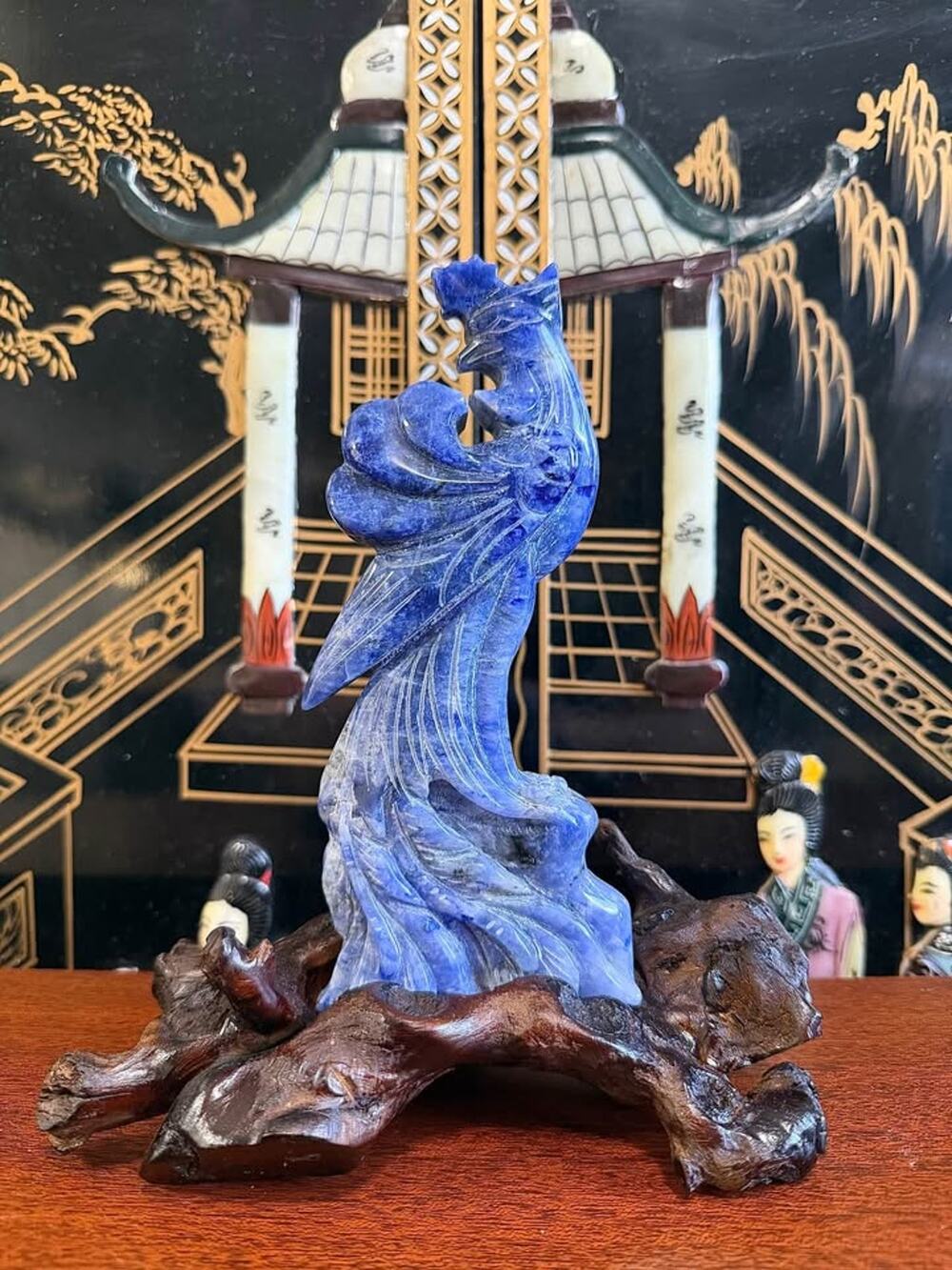 Blue Sodalite Phoenix Sculpture on Wood Stand 9 Inch